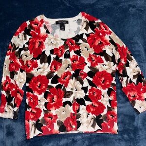 White House Black Market Red and Cream Floral Cardigan
